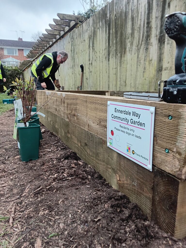 A raised timber bed being planted, with a sign reading Ennerdale Way Community Garden