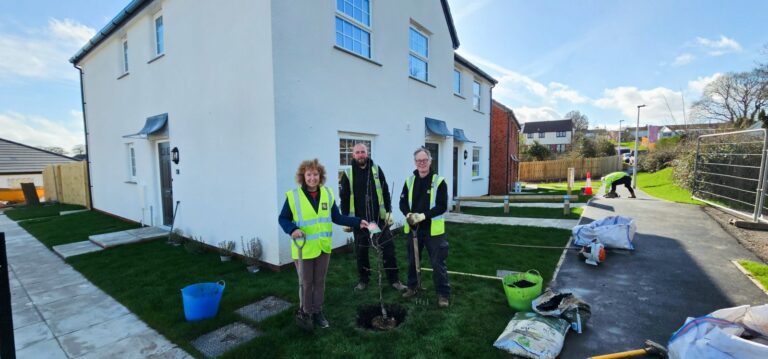 Colleagues laying turf and landscaping the garden of a newly built home